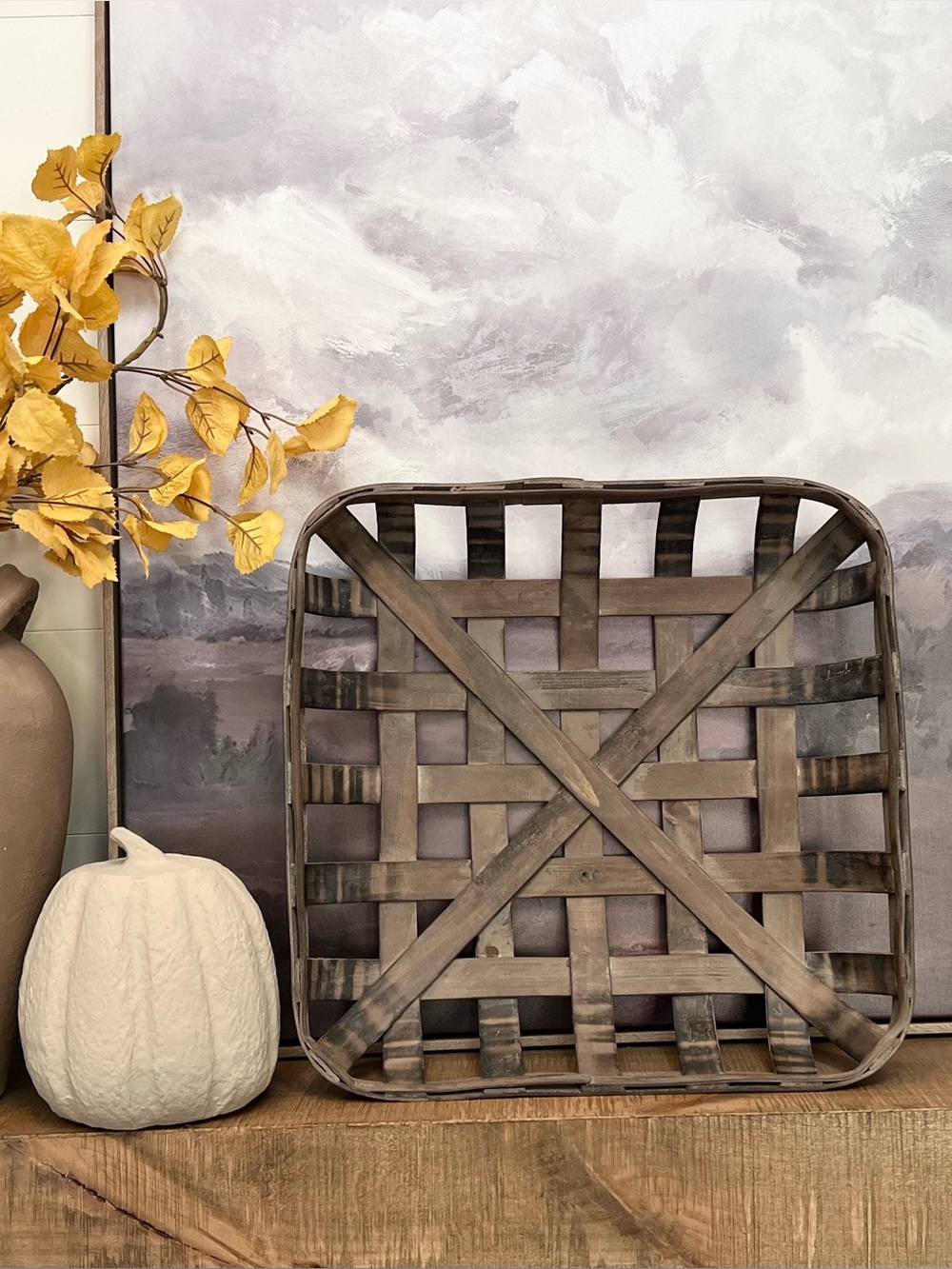 Vintage Woven Wood Tobacco Basket Square 16" Farmhouse Wall Hanging Decor